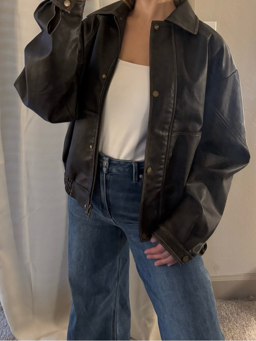 Women's Brown Leather Oversized Bomber Jacket